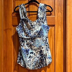 BOSTON PROPER ANIMAL PRINT BLACK BLUE TAN TANK TOP WITH RUCHING SIZE XL